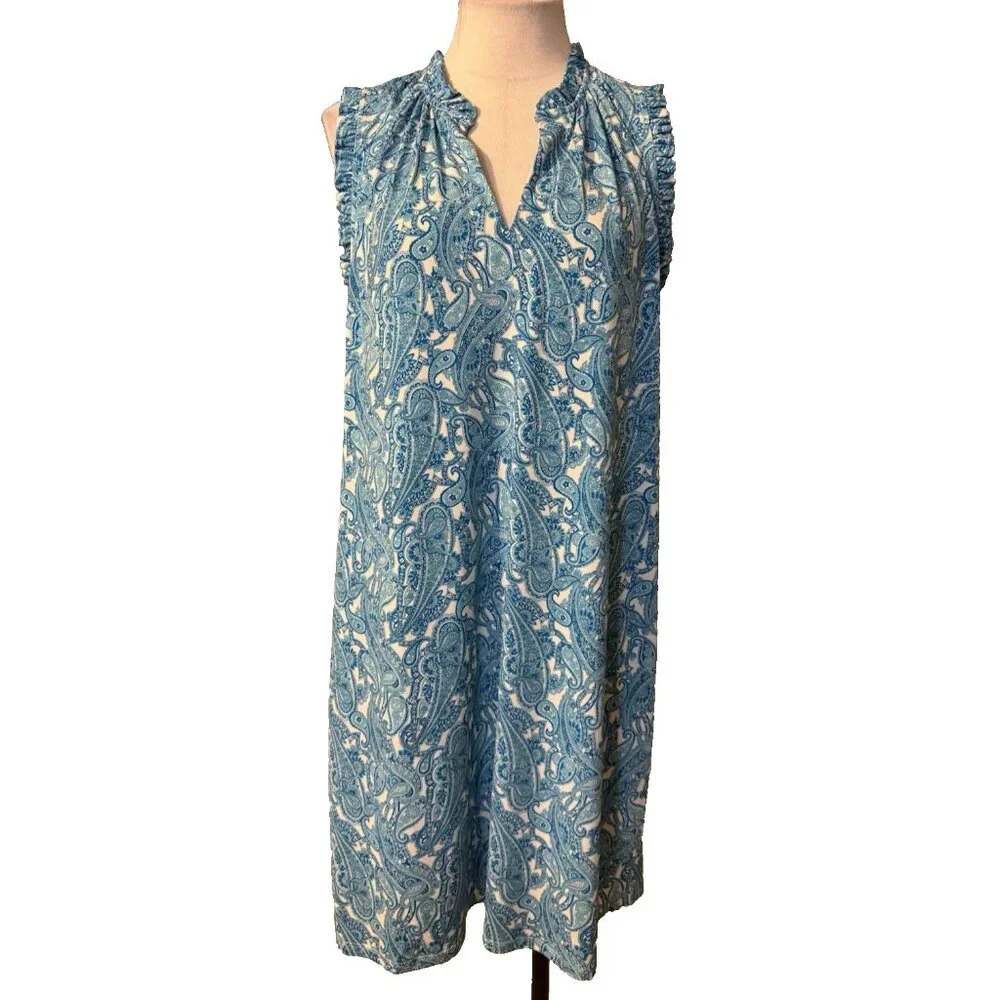 Michael Kors Shift Dress 1X Blue White Paisley Sleeveless Stretch Career Church